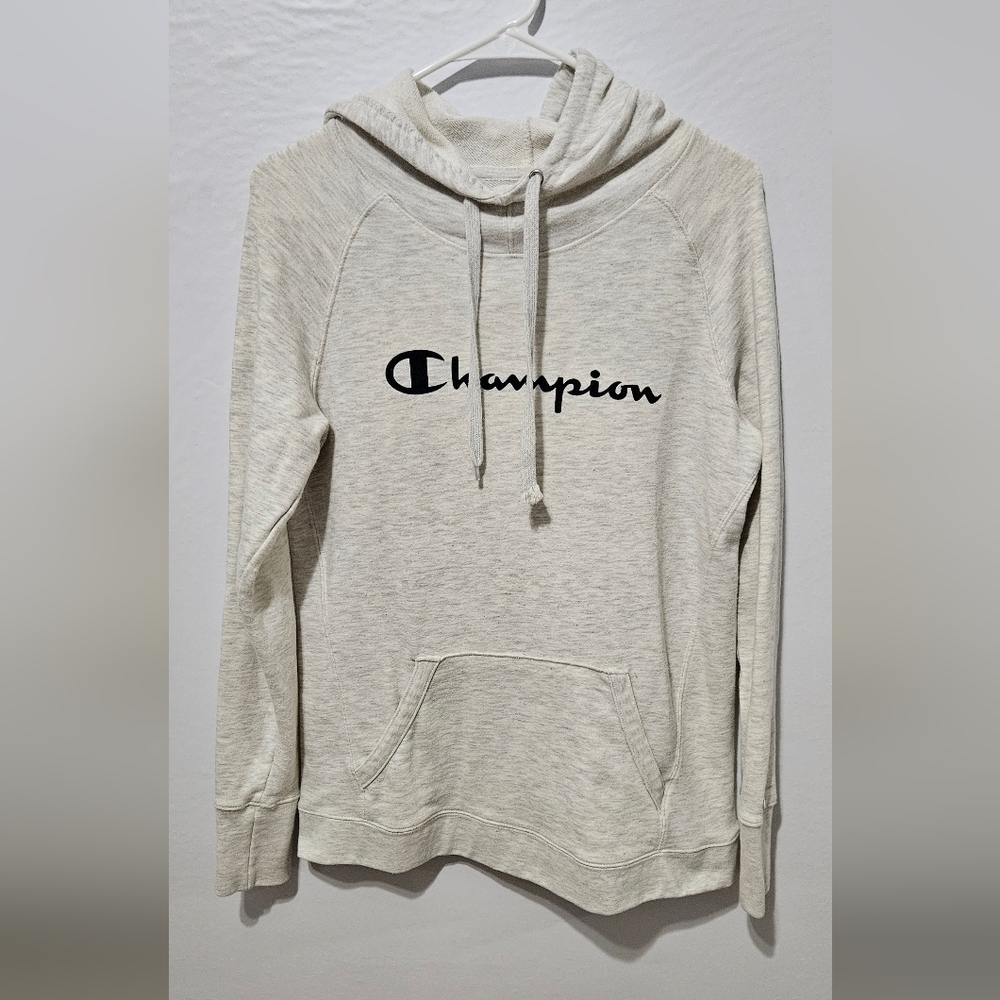 Champion Hoodie Front Logo Womens Med. Heather White Pullover Fleece B13